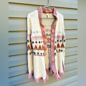 Matilda Jane M long ruffle Cottagecore Aztec print wool cardigan sweater boho
